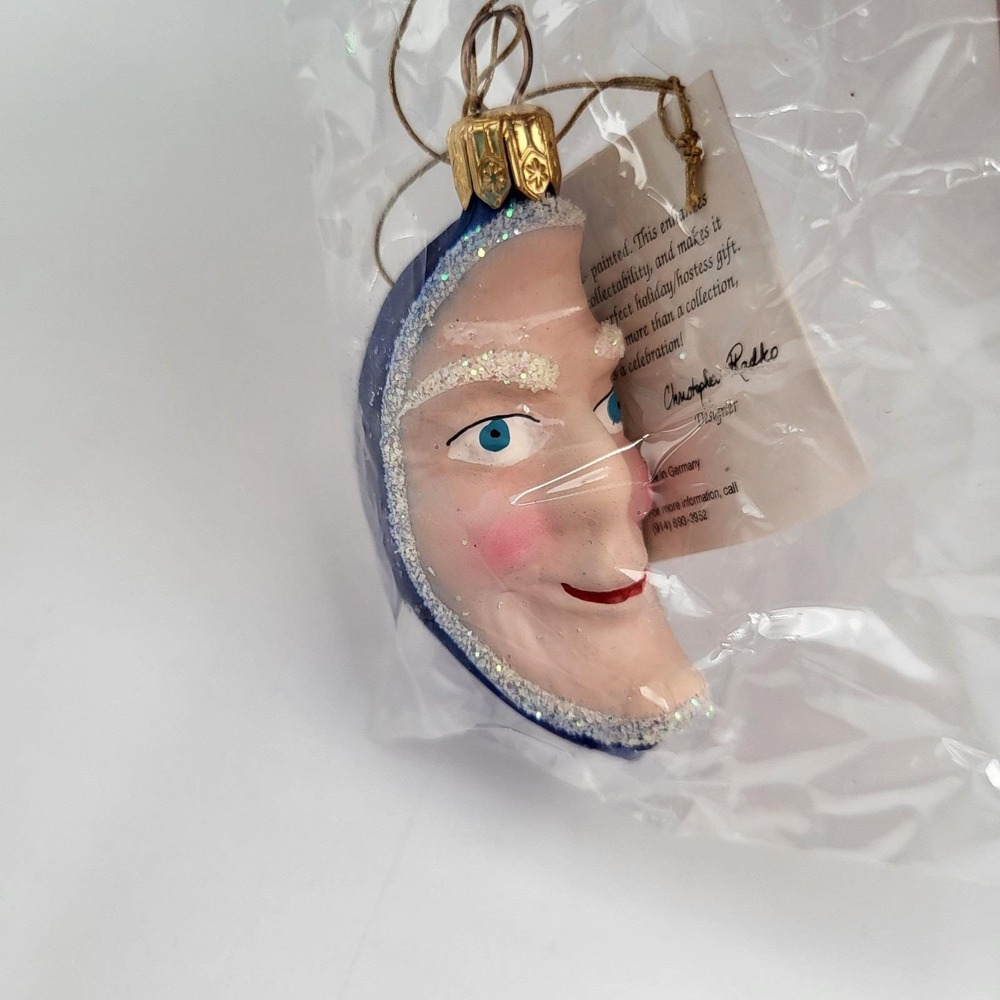 Christopher Radko Crescent Moon Glass Christmas Ornament Man Face Blue